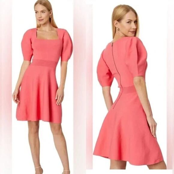 TED BAKER London Hayliy Dress Puff Sleeve Knit Skater Pink TB Size 3 US 8 - Picture 1 of 10